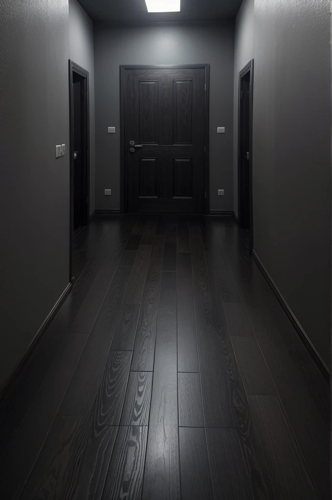 Generates an image of a dark wooden door, on a black wall with a light gray floor, in a large room