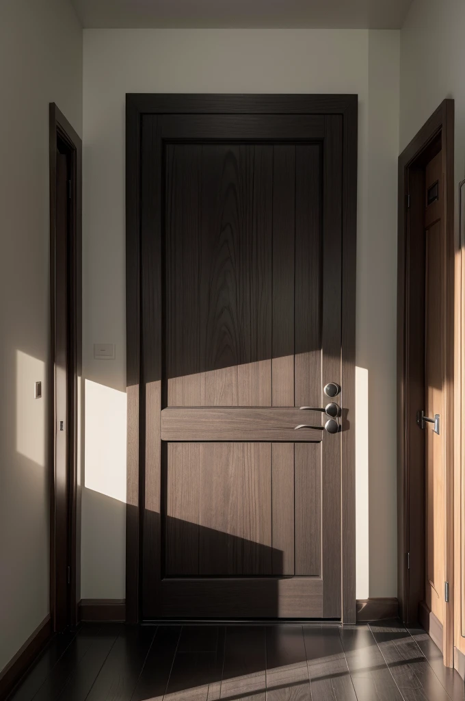 Generates an image of a dark wooden door, on a black wall with a light gray floor, in a large room