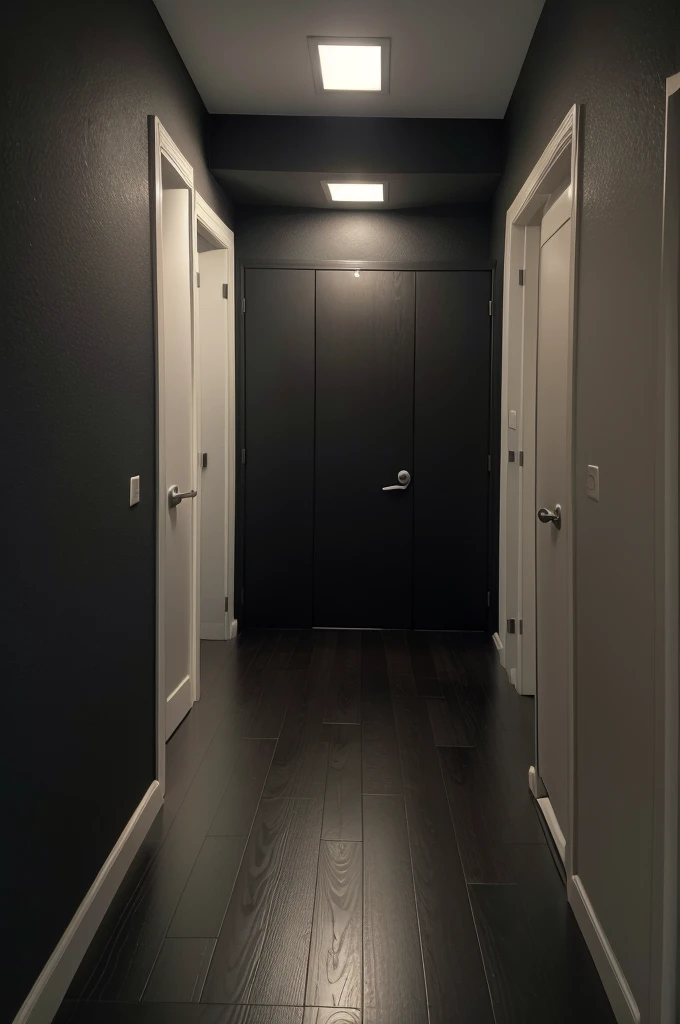 Generates an image of a dark wooden door, on a black wall with a light gray floor, in a large room