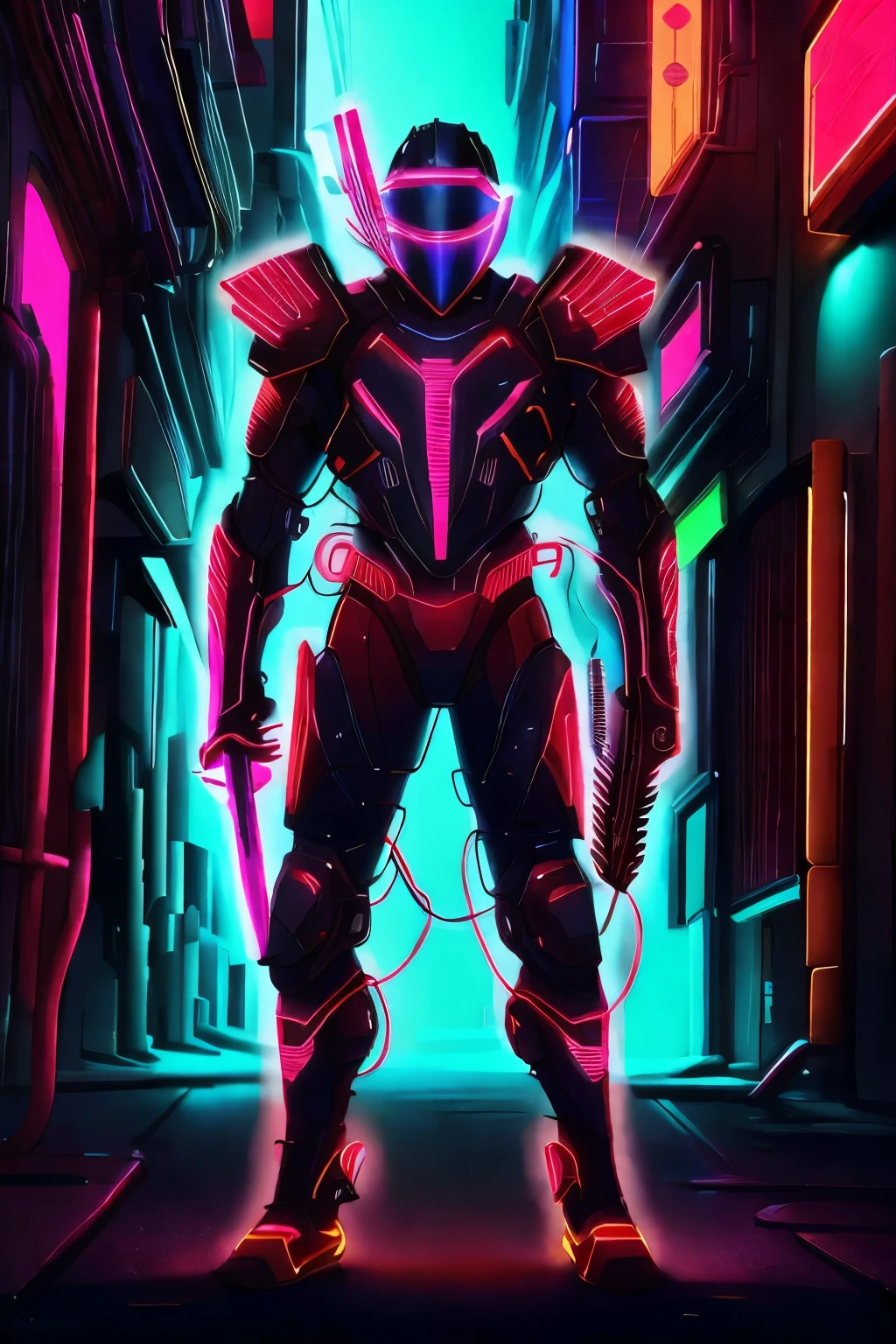 Young African American male teenager,body armor suit, black and red lights on arms and back of the armor,close hair cut, Beard and goatee,neon red sword from the future, standing in a back alley,Jim Lee art style,comic, anime,