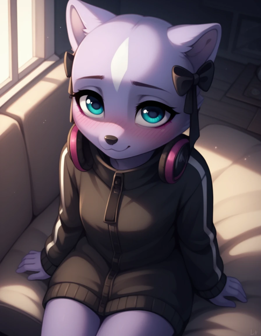 Female Shikabane, cute face cute body, nighttime, soft shading, warm lighting, high quality, sitting on a couch, sitting next to viewer, in a dimly lit living room, pov, (looking down):1.3, shy face, slightly smiling, (not looking at viewer):1.2, slightly blushing,