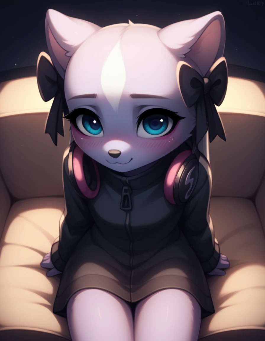 Female Shikabane, cute face cute body, nighttime, soft shading, warm lighting, high quality, sitting on a couch, sitting next to viewer, in a dimly lit living room, pov, (looking down):1.3, shy face, slightly smiling, (not looking at viewer):1.2, slightly blushing,