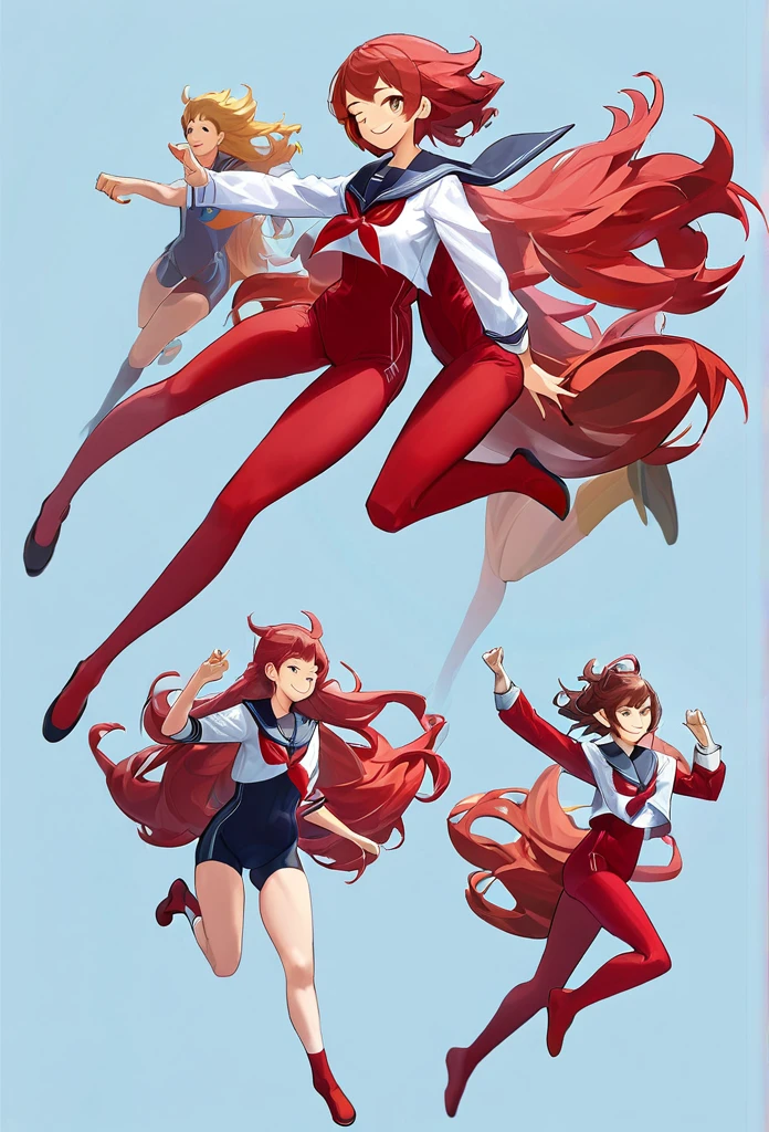 Multiple Girls, (masterpiece:1.8),(Highest quality:1.8),(Very detailed:1.8),(8k:1.8),(Ultra-fine Illustration:1.5),Random Hairstyles,Flat Chest,Small sailor suit,Butt,(red,,Bloomers:1.4),(Pose with a smile:1.5),running,(Full body angle),, Gymnastics