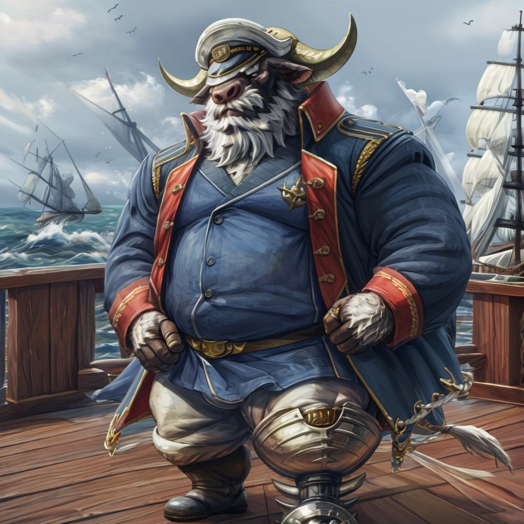 (Ahab stroked his belly, masterpiece, 8k, photorealistic, detailed portrait of Ahab, angry expression, weathered face, long beard, intense eyes, wearing a sea captain's uniform, standing on the deck of a whaling ship, stormy sea in the background)