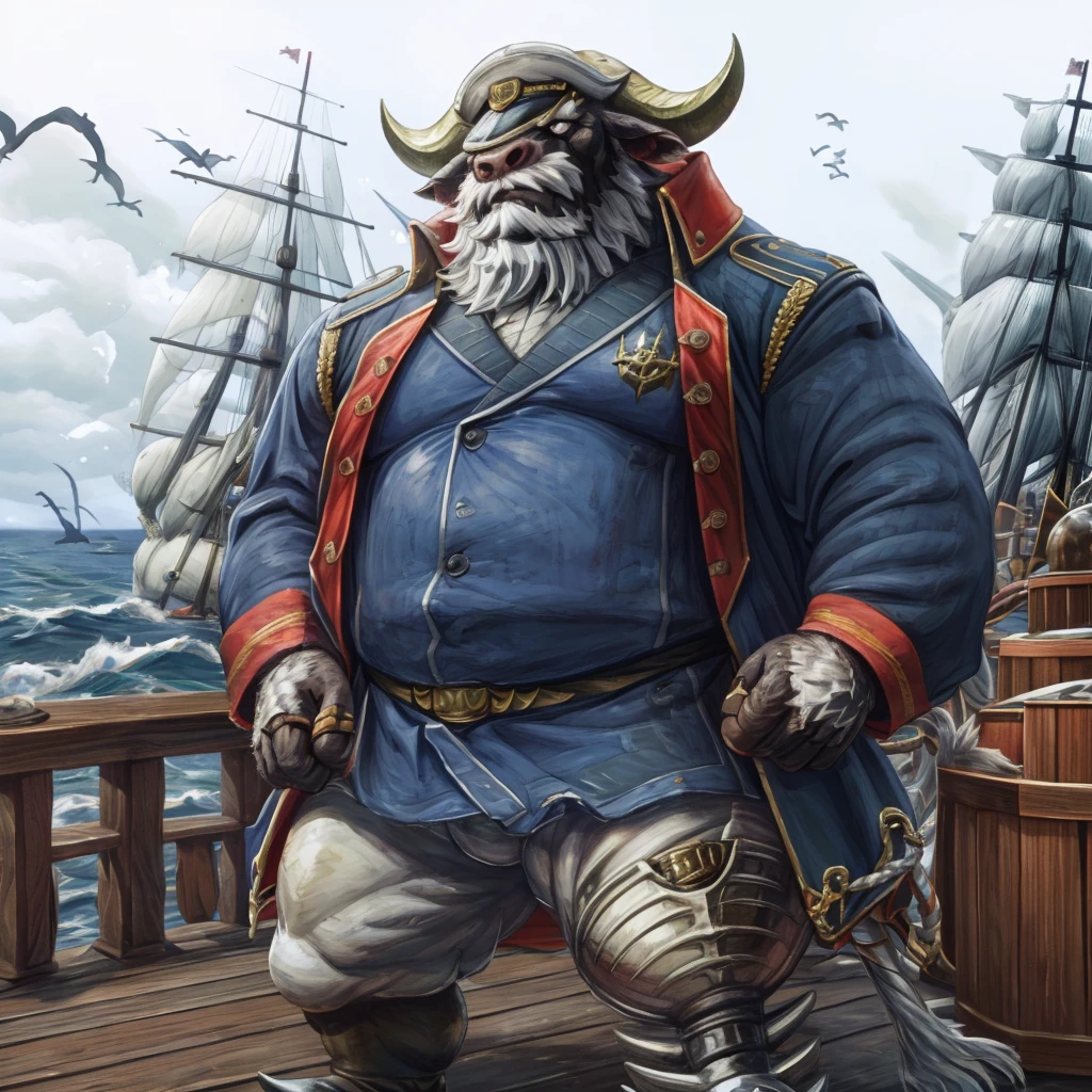 (Ahab stroked his belly, masterpiece, 8k, photorealistic, detailed portrait of Ahab, angry expression, weathered face, long beard, intense eyes, wearing a sea captain's uniform, standing on the deck of a whaling ship, stormy sea in the background)