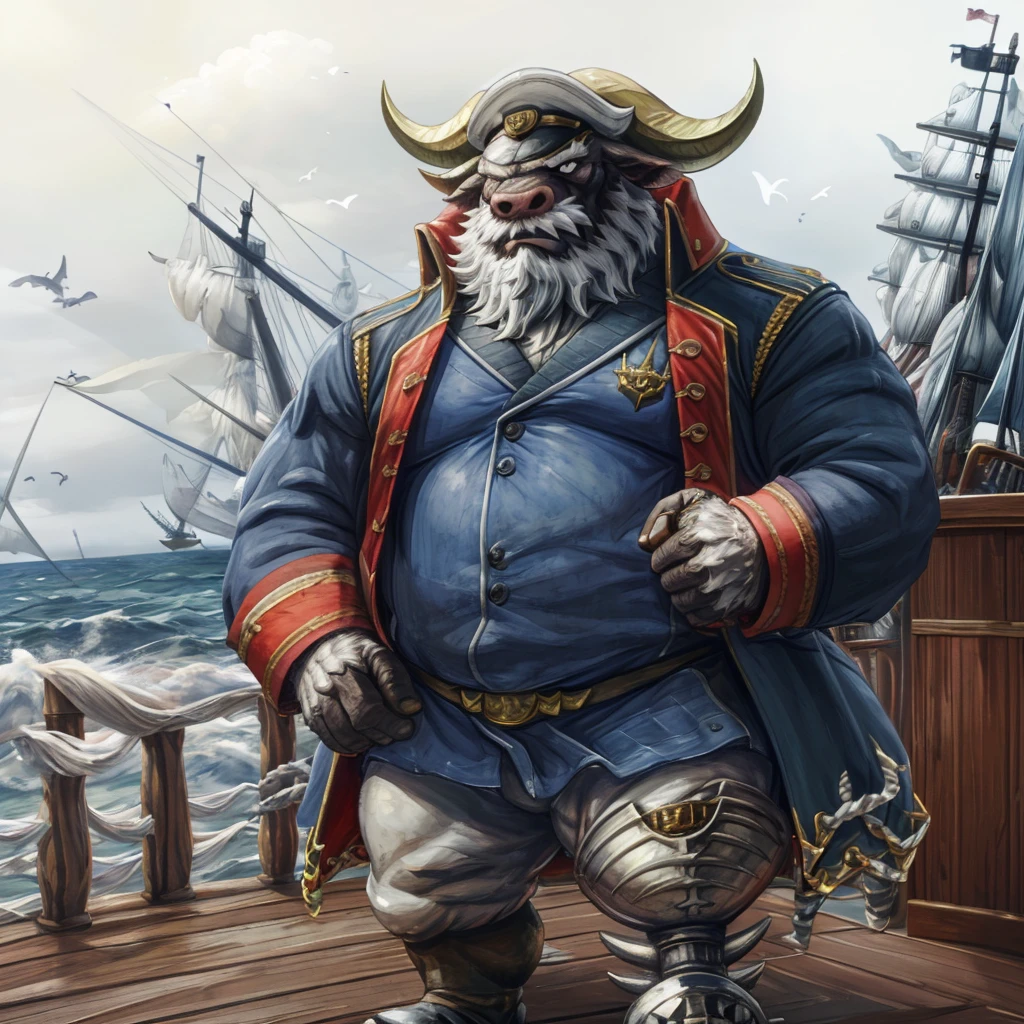 (Ahab stroked his belly, masterpiece, 8k, photorealistic, detailed portrait of Ahab, angry expression, weathered face, long beard, intense eyes, wearing a sea captain's uniform, standing on the deck of a whaling ship, stormy sea in the background)