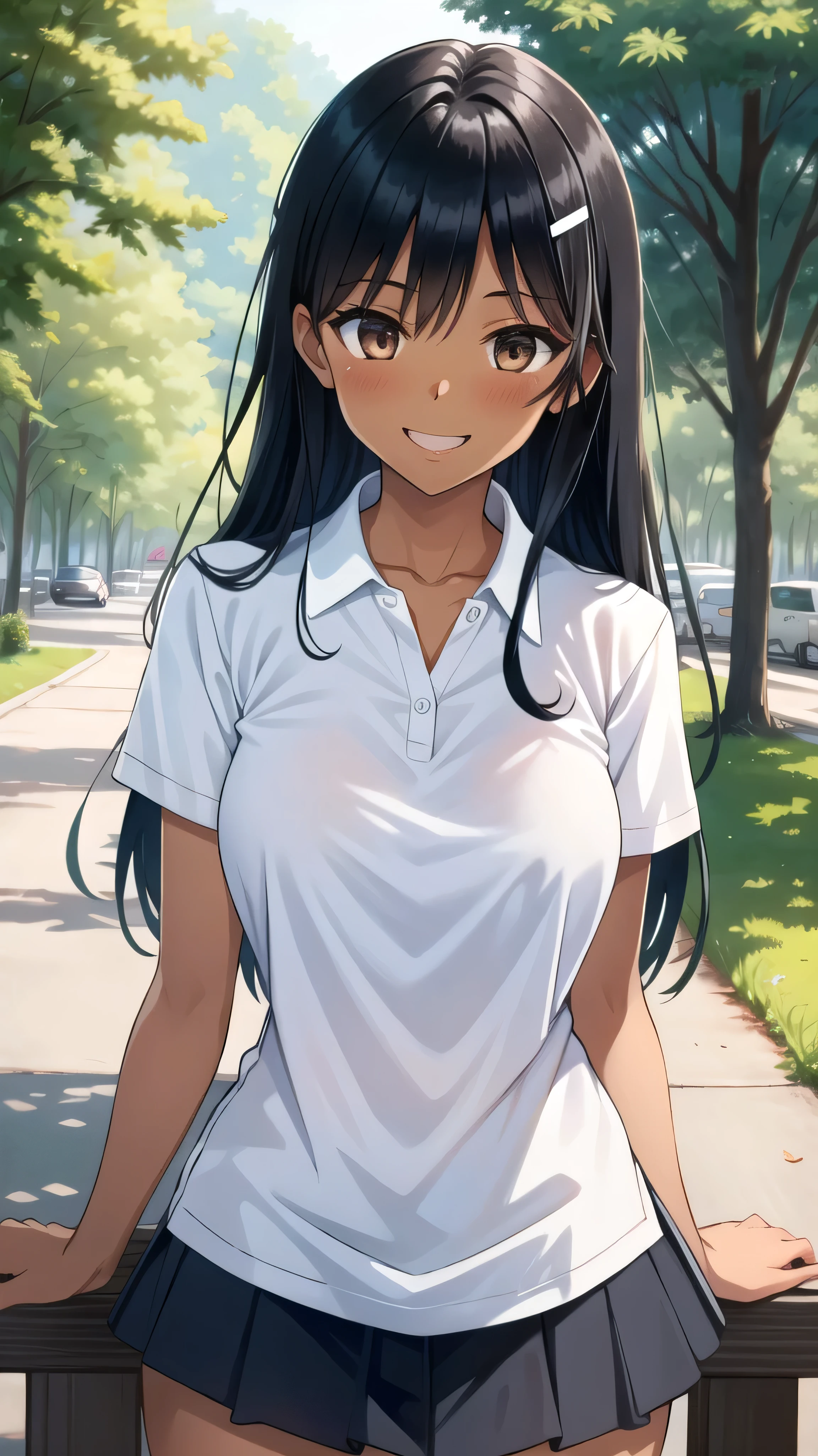 ((best quality)), ((masterpiece)), (details), one girl, sexy ((best quality)), ((masterpiece)), (details), one girl, sexy ((best quality)), ((masterpiece)), (details), one girl, full body, sexy expensive body, expensive, long legs, mature woman, mature, adult, it_nagatoro_main, Hayase Nagatoro, one girl, blushing, alone, uniform polo shirt, short sleeves, black hair,brown eyes, hair accessory, looking at viewer, hair clip, smiling, long hair, dark skinned woman, dark skin, , bangs, daytime, skirt, collared shirt, collarbone, ear clip, mouth closed, tree, asymmetrical bangs, upper body