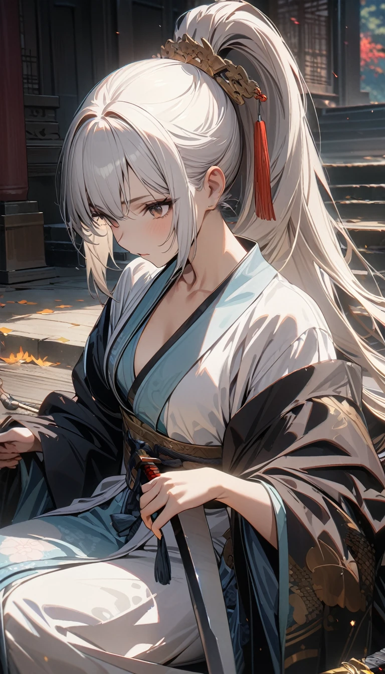 Adult girl, long white hair, high ponytail, brown eyes, goddess hanfu, sword, Dao, Masterpiece, best quality, Full HD, 8k, ultra details, great graphic