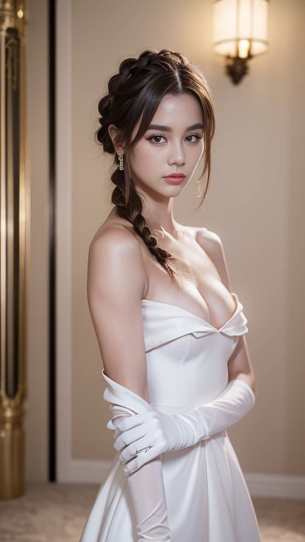 best quality, masterpiece, (photorealistic:1.4), 1girl, cowboy shot, luxury elegant bare shoulder  dress, dramatic lighting, hair over shoulders, white gloves, v arms, luxury hall background, night, japanese face, braid hair, small breasts