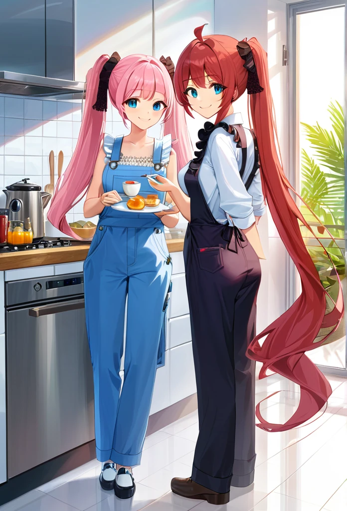((masterpiece))、((Highest quality)、(Very detailed)、8K、Delicate anime-style depictions.2 women。Prepare breakfast with your family,,(Very long hair、pink、black、Bright Blue Eyes、）(Twin tails and ponytails)Her dark eyes are highlighted。Overall it became brighter、Two smiling people。((The outfit is grey,Frills,Lace camisole and tap pants.))、,((Summer kitchen))、((wonderful.))、((whole body))、Two people cooking side by side、((Rear View))