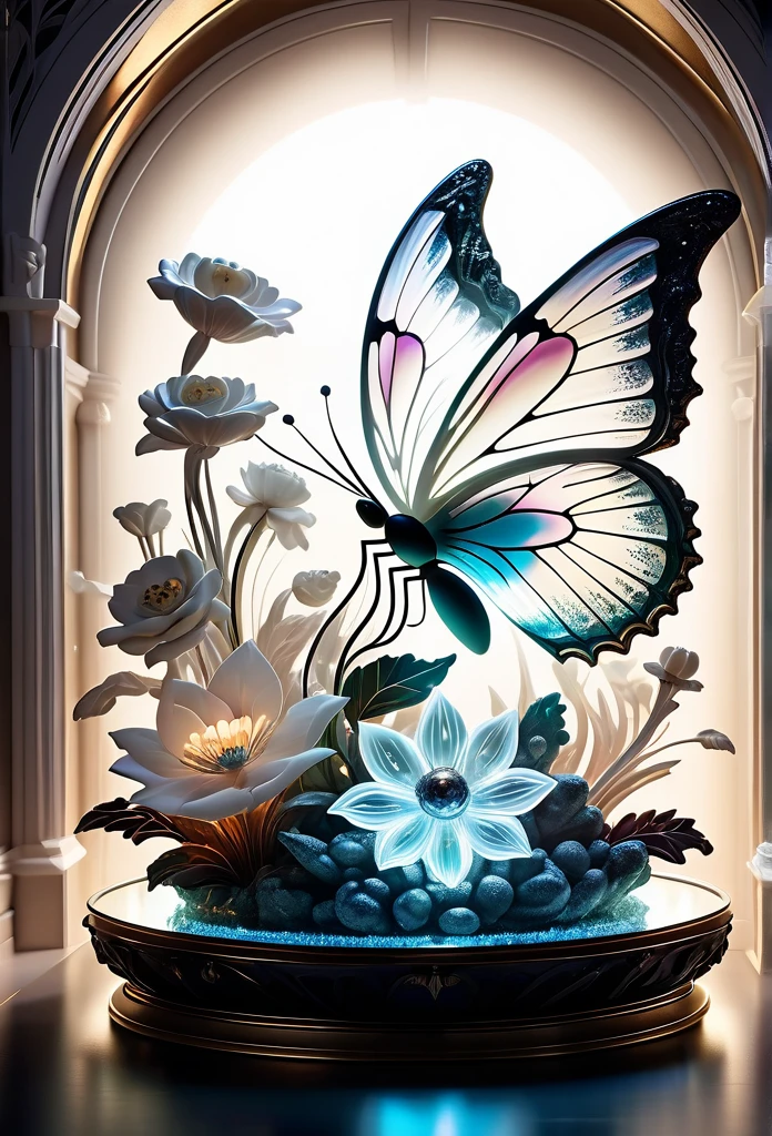 (((masterpiece that captures the essence of white butterfly:1.3))), floating of stunning carve glass flower, gothic aquarium, transparent wish. (((intricate insane details and light and shadow atmosphere:1.3))), intricate details rich colors, (((stunning beauty 32k render:1.3))), (((holographic smoke glow:1.4))),