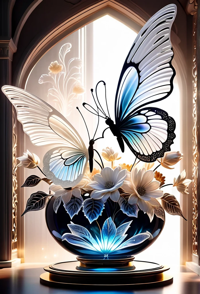 (((masterpiece that captures the essence of white butterfly:1.3))), floating of stunning carve glass flower, gothic aquarium, transparent wish. (((intricate insane details and light and shadow atmosphere:1.3))), intricate details rich colors, (((stunning beauty 32k render:1.3))), (((holographic smoke glow:1.4))),