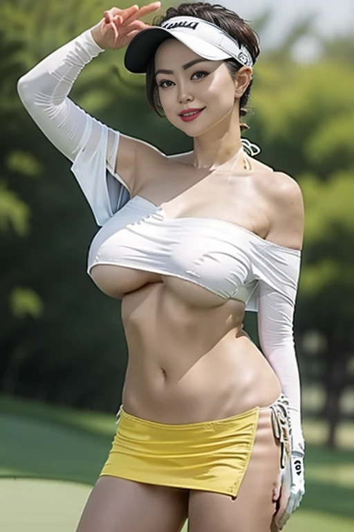 (((Actual Photos,High resolution, 8kHighest quality))),Very detailedな CG Unity 8k 壁紙, Highest quality, Very detailed, Tabletop, Realistic,Very detailedなMature Woman,Mature Woman, Age 35、((Huge breasts))Big cleavage ,Big Ass,Big Ass,Thick thighs,Saggy breasts,Tight waist,Wide Hips,(((Off-the-shoulder bikini top:1.2)))、 (golf mini skirt) , (Wearing golf gloves),Wear a sun visor, Beautiful Eyes, ((The shape of the nipples is visible even through clothing))、Realistic female hands、audience, blush,A light smile, Lips parted, Full Body Shot, Tight golf wear、Hold your tongue up firmly、Muchimuchi Body,Hard nipples,Nipples are visible,(((ボタンが閉まらないほどHuge breasts)))、Thick thighs、(One Woman)、Tight mini skirt,(((Off-the-shoulder bikini top)))、Big Breasts、Long legs、White Long Boots、(((Random Pause)))、Golf course、(Full body photo),Golf Tournament、Vulgar female professional golfer, blonde