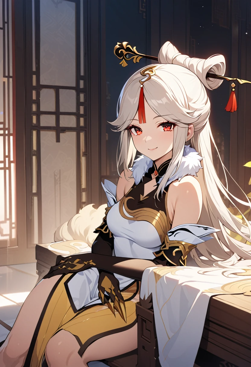 Ningguang, Ningguang, Gray hair, Hair accessories, hairpin, Long hair, partedbangs, (Red Eyes:1.5), Side lock, Striped hair, Red hair, Smile,
rest bare shoulders, black Gloves, Chinese clothes, Claw rings, Separate sleeves, skirt, elbow Gloves, Ruffled sleeves, Ruffles, Fur collar, Gloves, Jewelry, Pelvic Curtain, sleeveless, sleeveless skirt, white skirt,
rest looking at viewer, whole body, (Cowboy shooting:1.5),
rest indoors,
rest (masterpiece:1.2), best quality, high resolution, Unity 8K wallpaper, (illustration:0.8), (Beautiful and delicate eyes:1.6), Extremely detailed face, Perfect lighting, Extremely detailed CG, (Perfect hands, Perfect anatomical structure),