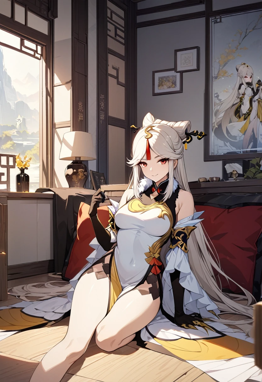 Ningguang, Ningguang, Gray hair, Hair accessories, hairpin, Long hair, partedbangs, (Red Eyes:1.5), Side lock, Striped hair, Red hair, Smile,
rest bare shoulders, black Gloves, Chinese clothes, Claw rings, Separate sleeves, skirt, elbow Gloves, Ruffled sleeves, Ruffles, Fur collar, Gloves, Jewelry, Pelvic Curtain, sleeveless, sleeveless skirt, white skirt,
rest looking at viewer, whole body, (Cowboy shooting:1.5),
rest indoors,
rest (masterpiece:1.2), best quality, high resolution, Unity 8K wallpaper, (illustration:0.8), (Beautiful and delicate eyes:1.6), Extremely detailed face, Perfect lighting, Extremely detailed CG, (Perfect hands, Perfect anatomical structure),