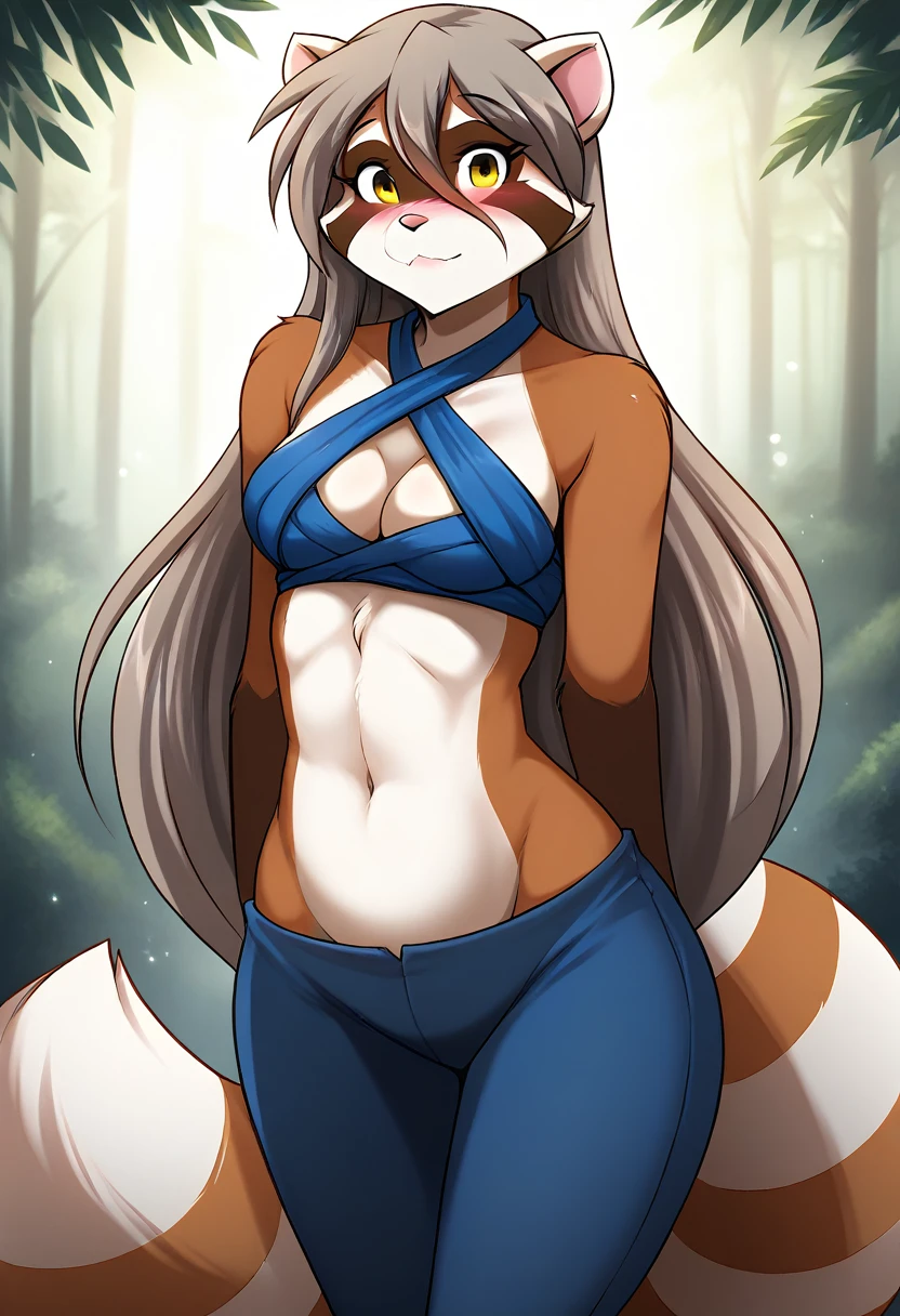 score_9, score_8_up, score_7_up, score_6_up, score_5_up, score_4_up, rating_explicit, source_furry, female, cute anthro female, cute face, detailed background, looking at viewer, solo, solo focus, (digital pen line-art, soft lines, soft shading, pinup, cartoon, anime:1.2), tkraine, (raccoon:1.3), yellow eyes, (long hair:1.2), (white fur, bushy tail:1.2), anthro, (ninja:1.3), forest, ninja scroll, blush, shy, midriff, medium breasts, looking at viewer, bare shoulders, criss cross halter, cleavage, (exposed hips, pants:1.9)