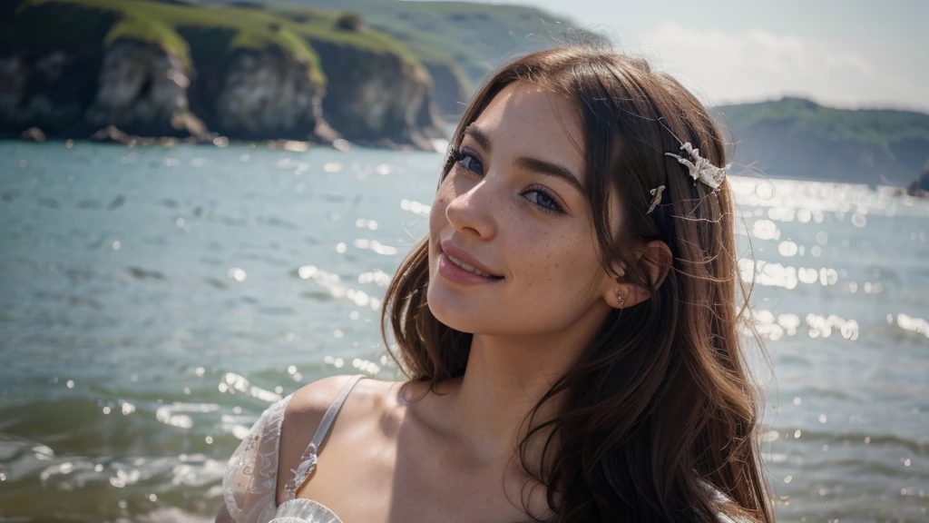 a girl with beautiful detailed eyes, beautiful detailed lips, extremely detailed face and features, long eyelashes, freckles, smiling, wearing a white gown, standing in a seaside field, 1 grey dragon beside her, from afar, detailed fantasy landscape, best quality, 4k, 8k, highres, masterpiece, ultra-detailed, realistic, photorealistic, photo-realistic, HDR, UHD, studio lighting, ultra-fine painting, sharp focus, physically-based rendering, extreme detail description, professional, vivid colors, bokeh