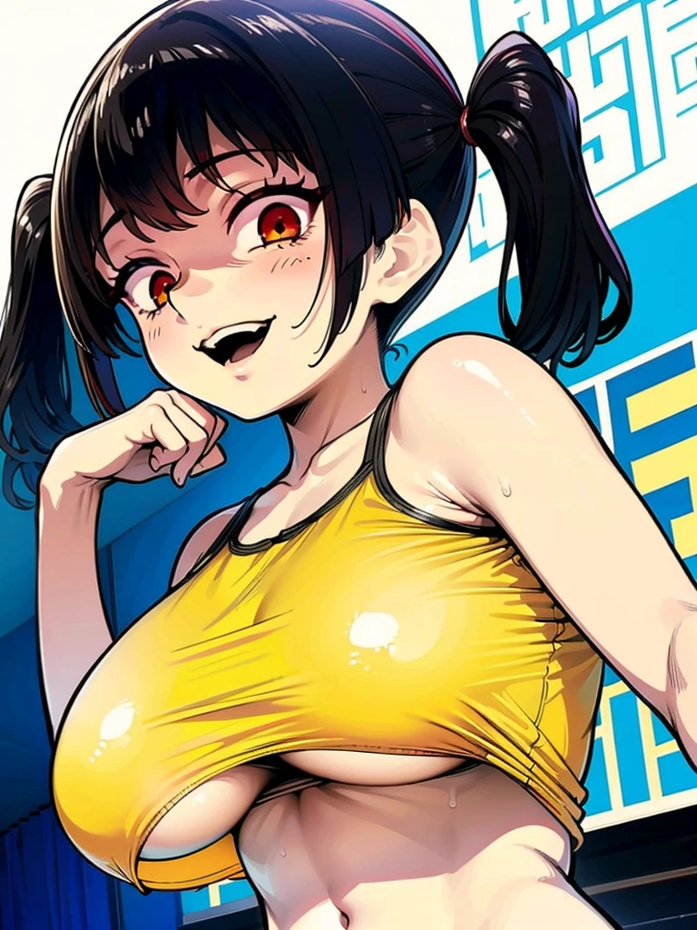 Sasaki Kanna shows off her underboobs while doing gesugao, Yellow Tank Top, underboob, Sweat, Black hair twin tails, Guess face, smile, crazy Smile, 勝ち誇ったsmile, Pushing her big breasts together, Her body is like that of a slender elementary school student, but her breasts are large., 