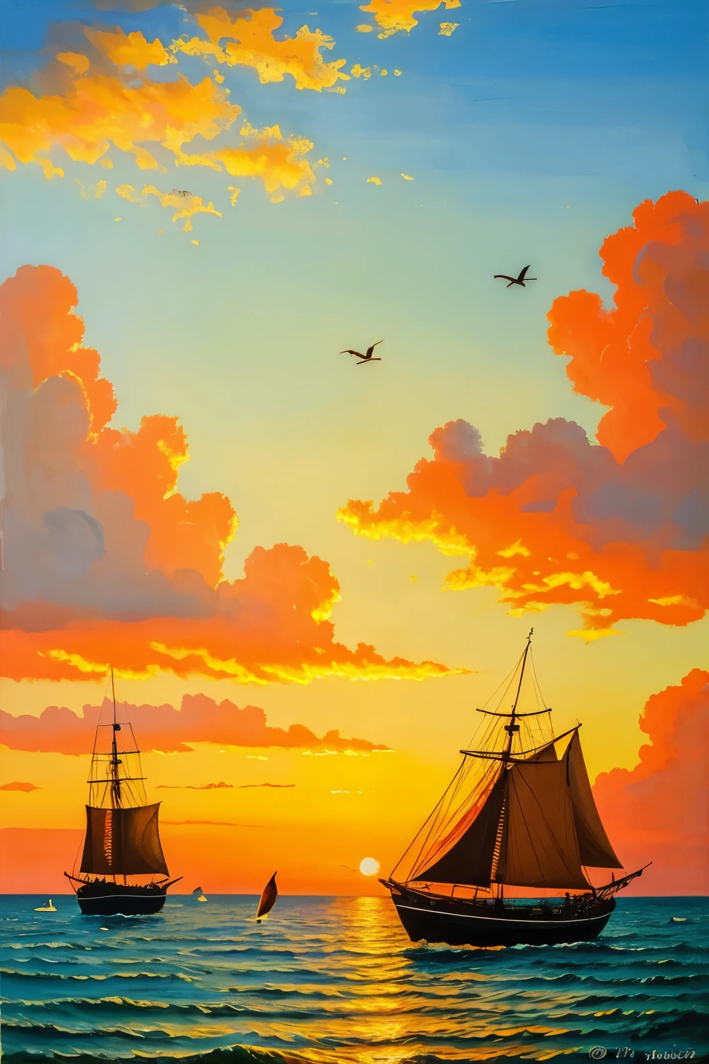 ((Best Quality)), ((Masterpiece)), (detailed), an oil canvas, a sunset in a Venezuelan archipelago with birds and boats painted naturally without author