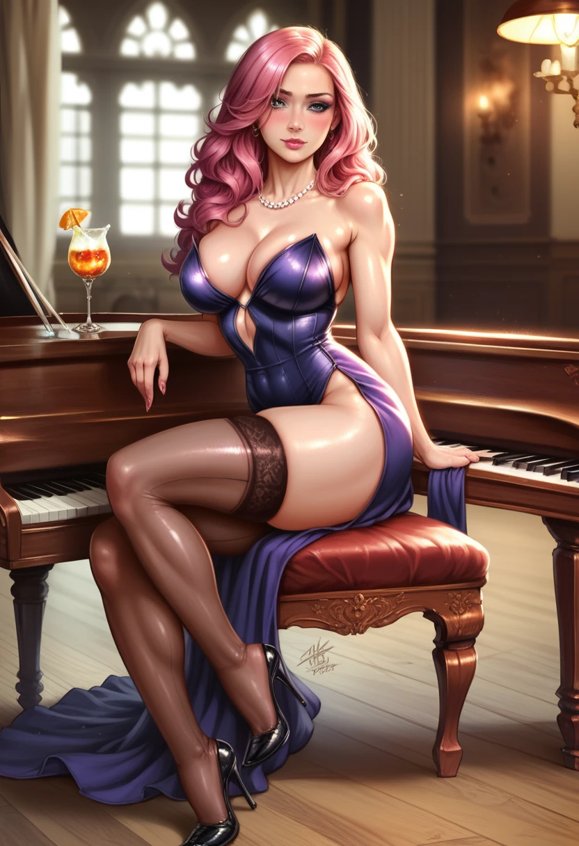 Ultra-high quality photos, (Extremely detailed), High quality photos, RAW photo, (photorealistic:1.4), Stylized portrait of a glamorous miss fortune with long pink hair and pearl necklace, wearing a tight-fitting purple dress with floral patterns, thigh-high stockings, and high heels, sitting seductively on a grand piano holding a golden gun, background featuring a dimly lit nightclub with neon heart signs and a cocktail on the piano, photorealistic, cinematic lighting, sharp focus, 32k resolution, art by Greg Rutkowski, big breasts, perfect big ass, perfect fit body, hdr,toned abs,detailed hair,nsfw,hourglass body shape,photo realistic,hyperdetailed, detailed skin, highly detailed, hyperrealism ,narrow waist, shiny skin,bold brown eyebrows, eyeliner, smokey eyeshadow, blush,detailed skin,detailed anatomy,detailed face and eyes, jewerly,detailed hair, SK_CINEMATIC,