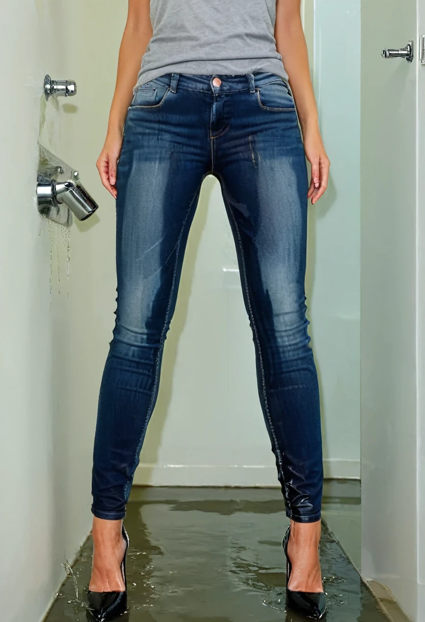 londe woman, green eyes, inviting smile, skinny jeans, high heel pumps, tank top, peeing shorts, pee runs down legs into shoes, pee puddles around shoes, pee stains are gleaming wet, shoes are soaking wet, standing in a bathroom, lower legs of her jeans are completely soaked