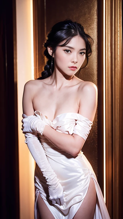 best quality, masterpiece, (photorealistic:1.4), 1girl, cowboy shot, luxury elegant bare shoulder dress, dramatic lighting, hair over shoulders, white gloves, v arms, luxury hall background, night, japanese face, braid hair, small breasts