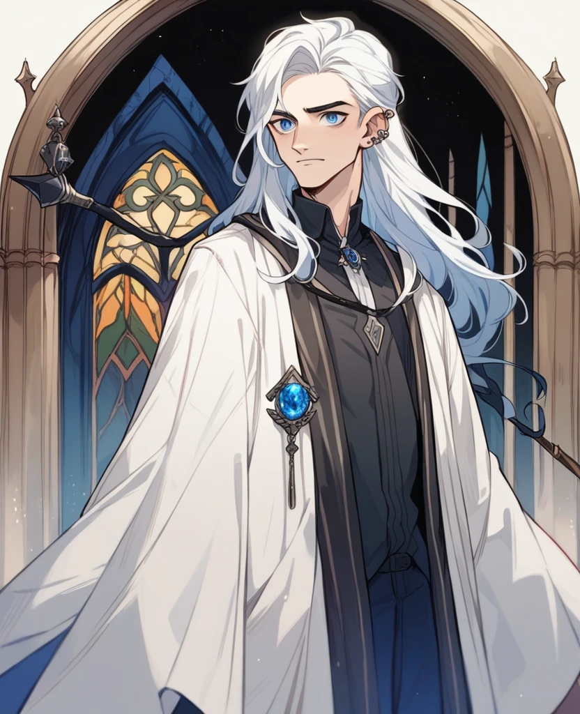 Male,5'4,pierced ears,light skin,blue eyes, white long hair half up half down,grinfidor robes (harry potter),black wand with Sapphire in the handle