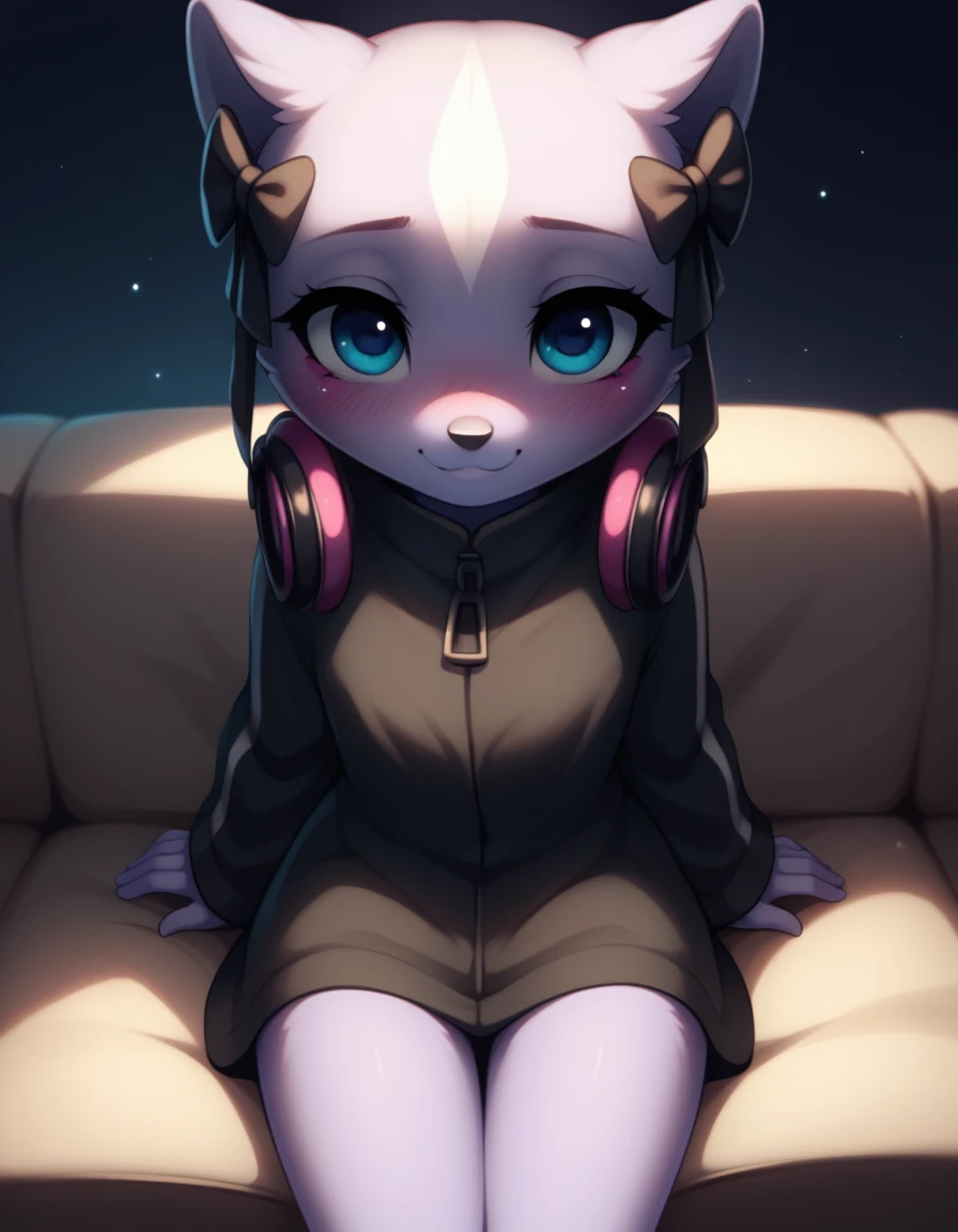 score_9,score_8_up,score_7_up, Female Shikabane, cute face cute body, nighttime, soft shading, warm lighting, high quality, sitting on a couch, sitting next to viewer, in a dimly lit living room, pov, (looking down):1.3, shy face, slightly smiling, (not looking at viewer):1.2, slightly blushing,