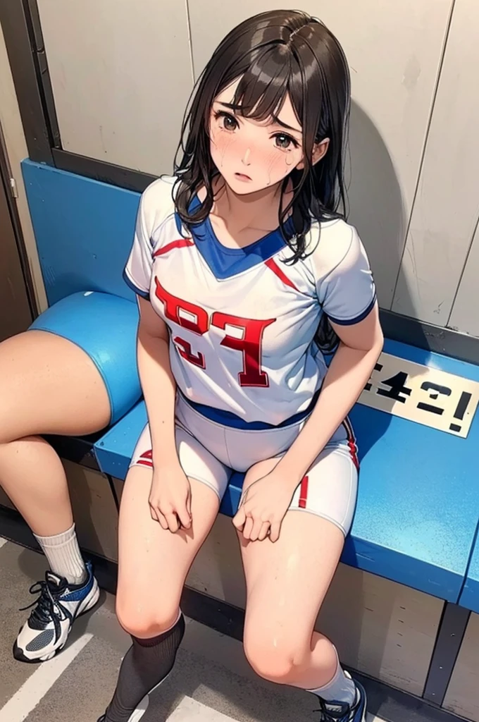 (Masterpiece:1.21),(FHD),(16K),(Top Quality:1.24),(Super Resolution),(Super Illustration),(Best Shadow),(High Quality),(Super Detail:1.15), Elaborate,1 Woman, Japanese girl,(:1.68),(young Woman:1.66),(young Age:1.78),(Small Round Face:1,69),(small breasts:1.66),(sportswear:1.3),(on back:1.77),(spread legs:1.51),(blush:1.35),(shy:1.50),(love:1.55),(on bench),(locker room),(sports shoes),(junior high school student),(Cry:1.17),(from above:1.96),