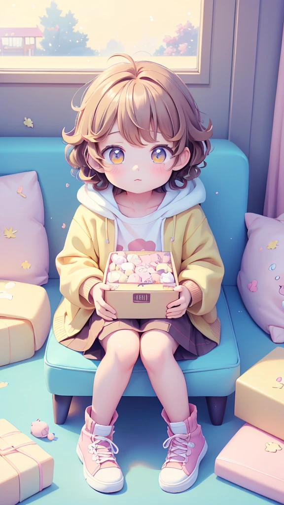 there is a cartoon of a boy sitting on the floor with a box, 🍁 cute, high quality fanart, cute art style, seasons!! : 🌸 ☀ 🍂 ❄, official fanart, he has short curly brown hair, cute anime, inspired by Kun Can, cartoonish cute, in an anime style, manhwa, very cute and like boy