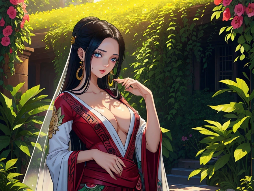 a girl with flowing black hair, dressed in a sexy Greek goddess costume, standing gracefully in a lush garden. The girl has beautiful detailed eyes and long eyelashes, captivating anyone who looks into her eyes. Her lips are also beautifully detailed, adding to her allure. She exudes confidence and poise, with a hint of mystery in her gaze. The garden surrounding her is vibrant and colorful, with blooming flowers and lush greenery. The atmosphere is bathed in warm sunlight, casting a soft glow over the scene. The girl's costume is made of flowing fabric, draping elegantly around her figure. The material shimmers in the sunlight, adding a touch of ethereal beauty to her appearance. The image quality of this artwork is of the highest standard, with ultra-detailed elements that showcase the intricate textures and details of the girl's hair, costume, and the surrounding nature. The colors are vivid, bringing the scene to life with vibrant hues. The lighting is expertly rendered, creating a sense of depth and dimension in the image. The overall style of the artwork is a captivating blend of realism and fantasy, creating a unique and mesmerizing visual experience.