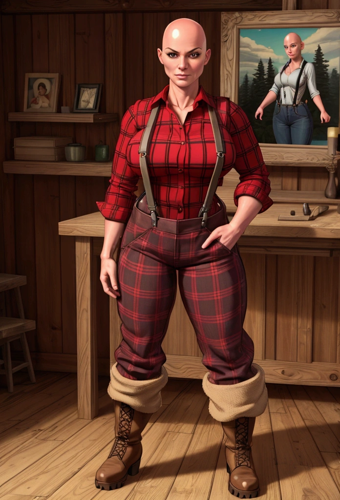 digital art, highly detailed, reference sheet, standing pose, feminine features, mature woman, adult female, muscular figure, whole body, bald, form-fitting, lumberjack outfit, red flannel shirt, folded sleeves, suspenders, long pants, boots, 1woman, solo, upper body, lower body, ((Extremely Detailed)), ((Best Quality)), ((Masterpiece)), ((4k)).