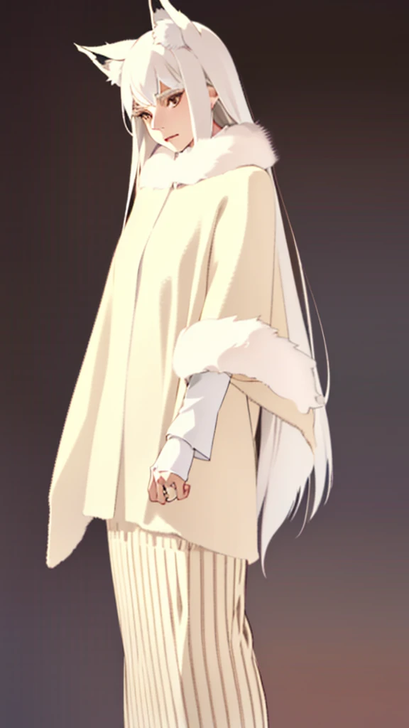 1girl ,solo,20s,mature female,serious face,white hair,long hair,fox ears,(simple background),l00s3c4p3, white coat, cape, fur trim