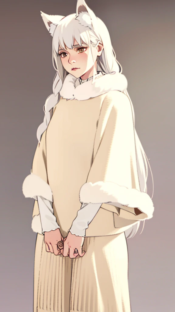 1girl ,solo,20s,mature female,serious face,white hair,long hair,fox ears,(simple background),l00s3c4p3, white coat, cape, fur trim