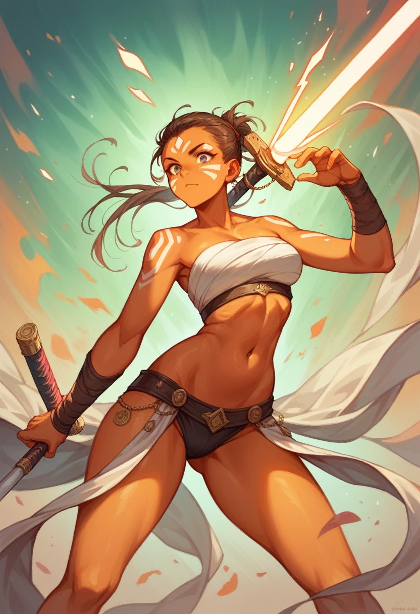 (masterpiece), (best quality),
solo, 1girl, detailed face,
Shin Hati orange skin, facial mark, navel, thighs, energy sword, weapon, animification 
