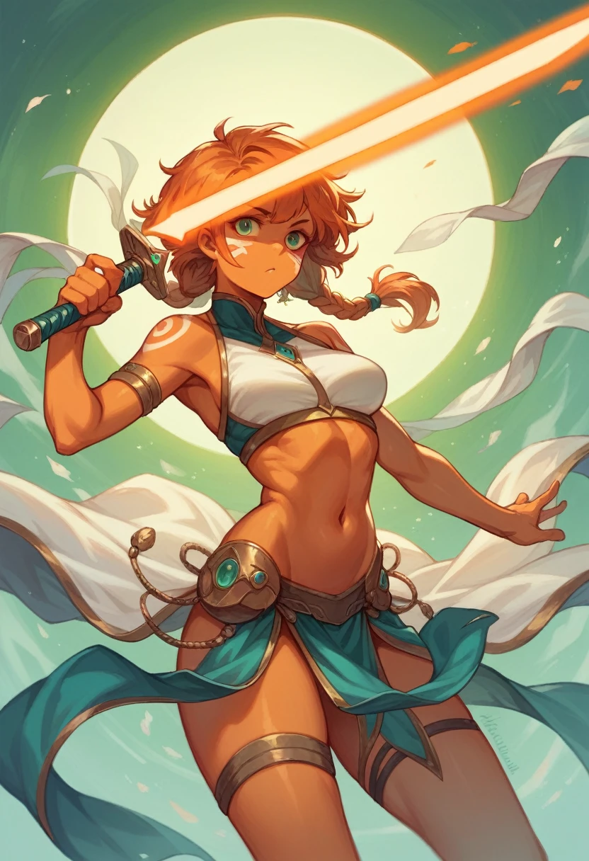 (masterpiece), (best quality),
solo, 1girl, detailed face,
Shin Hati orange skin, facial mark, navel, thighs, energy sword, weapon, animification 