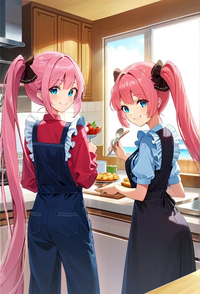 ((masterpiece))、((Highest quality)、(Very detailed)、8K、Delicate anime-style depictions.2 women。Prepare breakfast with your family,,(Very long hair、pink、black、Bright Blue Eyes、）(Twin tails and ponytails)Her dark eyes are highlighted。Overall it became brighter、Two smiling people。((The outfit is grey,Frills,Lace camisole and  ミニスカート.))、,((Summer kitchen))、((wonderful.))、((whole body))、Two people cooking side by side、((Rear View))