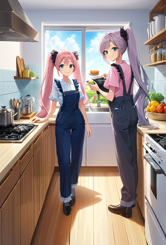 ((masterpiece))、((Highest quality)、(Very detailed)、8K、Delicate anime-style depictions.2 women。Prepare breakfast with your family,,(Very long hair、pink、black、Bright Blue Eyes、)(Twin tails and ponytails)Her dark eyes are highlighted。Overall it became brighter、Two smiling people。((The outfit is grey,Frills,Lace camisole and ミニスカート.))、,((Summer kitchen))、((wonderful.))、((whole body))、Two people cooking side by side、((Rear View))