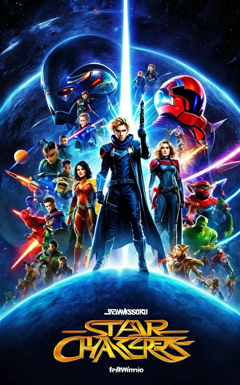 a movie banner with a space background, showcasing the 10 heroes standing together, ready for battle. The heroes are dressed in their unique costumes, representing their respective planets and abilities. Sam and Jace, the two humans, are positioned at the center. with the alien heroes flanking them. N'Tari, the villain, looms in the background, his dark presence contrasting with the heroes' bright and vibrant attire. The title "Star Chasers " is emblazoned across the top, with the tagline "United They Stand, Against the Darkness" written below.