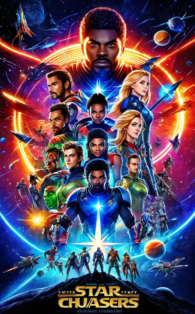  a movie banner with a space background, showcasing the 10 heroes standing together, ready for battle. The heroes are dressed in their unique costumes, representing their respective planets and abilities. Sam and Jace, the two humans, are positioned at the center. with the alien heroes flanking them. N'Tari, the villain, looms in the background, his dark presence contrasting with the heroes' bright and vibrant attire. The title "Star Chasers " is emblazoned across the top, with the tagline "United They Stand, Against the Darkness" written below. 