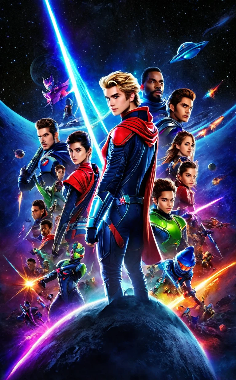 a movie banner with a space background, showcasing the 10 heroes standing together, ready for battle. The heroes are dressed in their unique costumes, representing their respective planets and abilities. Sam and Jace, the two humans, are positioned at the center. with the alien heroes flanking them. N'Tari, the villain, looms in the background, his dark presence contrasting with the heroes' bright and vibrant attire. The title "Star Chasers " is emblazoned across the top, with the tagline "United They Stand, Against the Darkness" written below.