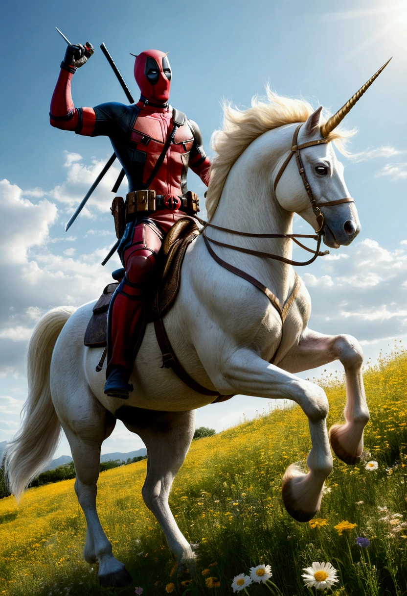Masterpiece, of the highest quality, approaching perfection, (high detail:1.1), dramatic, Deadpool and Wolverine riding a unicorn together, one after another. the unicorn trotting through a meadow, carrying the characters on his mount, art comic style.