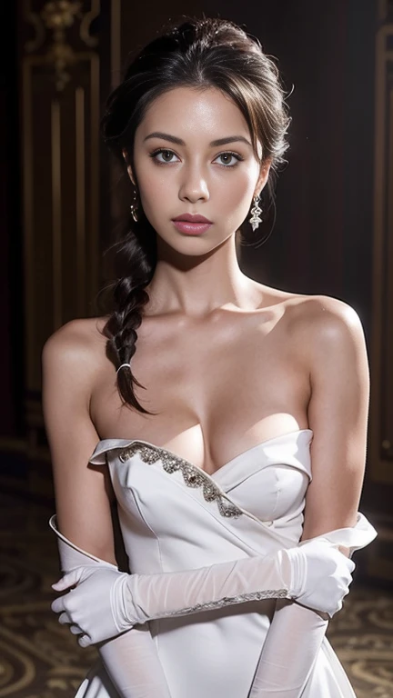 best quality, masterpiece, (photorealistic:1.4), 1girl, cowboy shot, luxury elegant bare shoulder  dress, dramatic lighting, hair over shoulders, white gloves, v arms, luxury hall background, night, japanese face, braid hair, small breasts