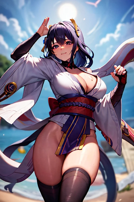 masterpiece, high resolution, best quality, rendered art, beautiful art, well formed fingers and hands, 1 woman, Yae Miko , hair ornament ,adult, grown up, 31 years old, large and round breasted, cleavage, full body, wearing a Iroha Samurai Spirits cosplay, Iroha_Samurai_Spirits_cosplay, maid hat, choker, fingerless gloves, black tights, sexy and skimpy kimono, pelvic curtain, white maid uniform,fighting in a combat match, showing her fighting skills, making her guard, about to hit the viewer, looking at the viewer,   sweating, bouncing breasts, smiling joyfully and brightly, being confident and proud, action and fighting scene, fighting cage on beach environment.             