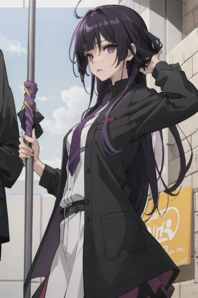 create a character with tied hair and her hair color is black with two purple streaks, her right eye is light purple and the other is black.
