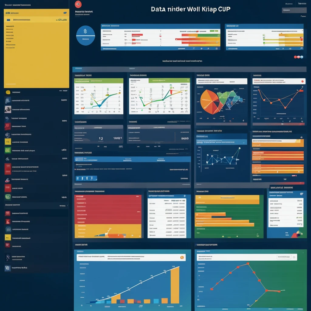 Create a visual representation of a data ysis project for the T20 World Cup cricket matches. The image should include elements like interactive dashboards, data visualizations of match statistics, player performance metrics, and trend anal graphs. Focus on showcasing insights such as match outcomes, team comparisons, player contributions, and historical trends in a professional and engaging manner