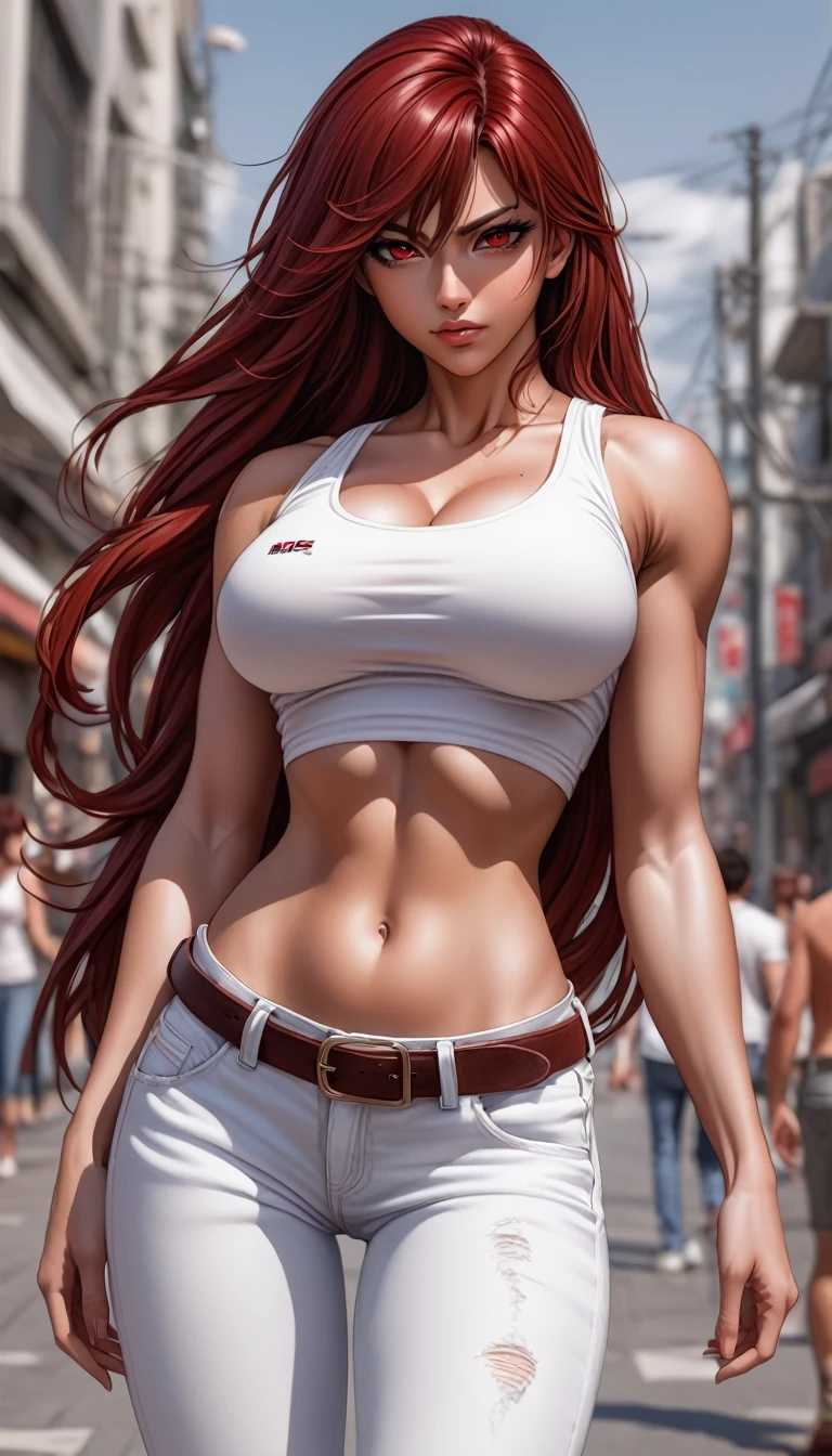 ((masterpiece, best quality)), very aesthetic, ultra detailed, intricate details, highly detailed, UHD, HDR, 8K, perfect face, 1girl, tan skin, white tank top, lean muscular, white jeans, dark red hair, long hair, red eyes, , perfect body, (newest anime art style)