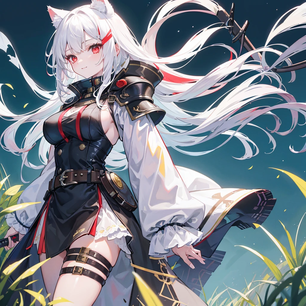 one girl,highest quality,cigarette in mouth,Very big breasts,long hair,very small height,dead pan,red eyes,white hair,cat ears,cat tail,white medieval fantasy dress,Meadow Background,A brightly smiling face,waist belt,He has two swords strapped to his back.,Long coat with blue, black and yellow trim,Mouth shape about to say something,board made of iron,Steel Armor