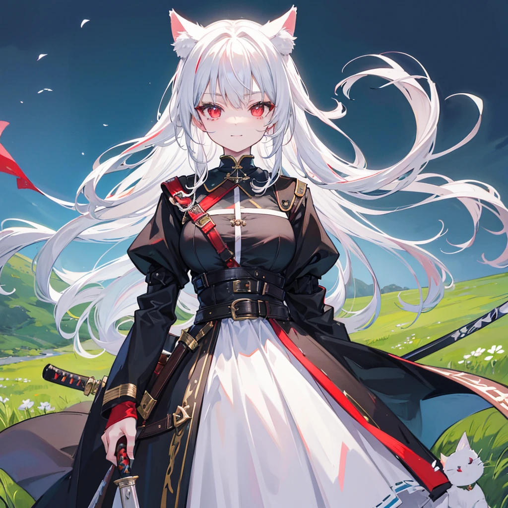 one girl,highest quality,cigarette in mouth,Very big breasts,long hair,very small height,dead pan,red eyes,white hair,cat ears,cat tail,white medieval fantasy dress,Meadow Background,A brightly smiling face,waist belt,He has two swords strapped to his back.,Long coat with blue, black and yellow trim,Mouth shape about to say something,board made of iron,Steel Armor