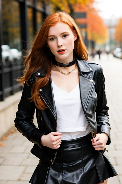 a beautiful ginger young woman wearing an leather jacket, an leather skirt and a choke collar